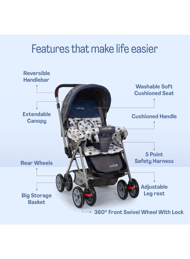LuvLap Sunshine Baby Stroller/Pram for 0 to 3 Years, New Born/Toddler/Kid, 5 Point Safety Harness, Adjustable backrest, 360° Swivel Wheel, Large Storage Basket, Reversible Handlebar(Navy Blue) - Image 2